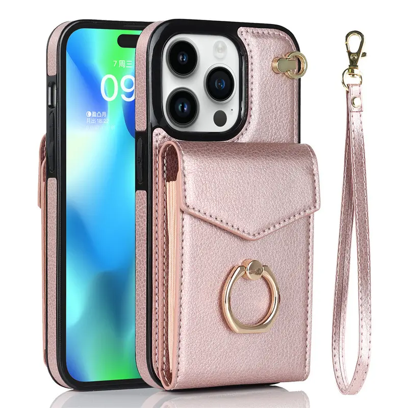 Soporte de anillo, bolsillo con ranura para tarjeta de órgano, funda protectora anticaída para iPhone 15 14 13 12 11 Pro Max, funda protectora con cordón para billetera