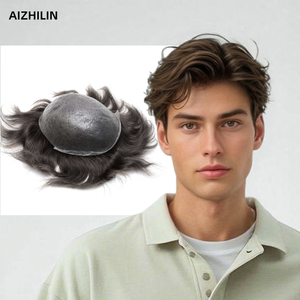 Rambut Palsu Pria Berkualitas Tinggi Ultra Tipis 0.03mm V-Loop Indian Remy <span class=keywords><strong>Hair</strong></span> Lurus Jahitan Tangan Premium Toupee 100% Density Full PU Base - Product Image 1