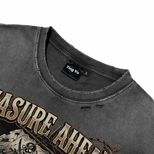 T-shirts pour hommes de haute qualité, décontractés, respirants, en coton doux, à manches courtes, avec impression DTG de bateau pirate, effet vintage délavé - Product Image 5