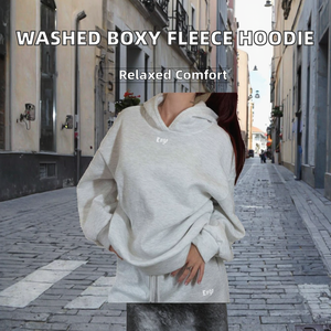 Sweat à capuche pour homme, uni, court, délavé, ample, doublé polaire, brodé, 350GSM, effet déchiré, coupe ample, logo personnalisé, effet bouffant - Product Image 2