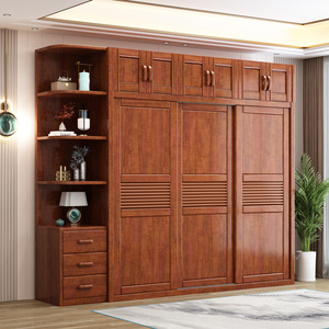 Modern Minimalist Solid Wood Sliding Door Wardrobe <b>Walnut</b> Bedroom Storage Cabinet Large Capacity Chinese Style - Product Image 1