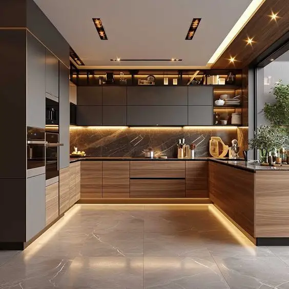 Armarios de cocina modulares personalizados CBMmart, acabado en melamina, diseño moderno con fregaderos, armarios de cocina con acabado de madera
