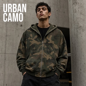 <span class=keywords><strong>Sweat</strong></span>-shirt à <span class=keywords><strong>capuche</strong></span> zippé en coton French Terry vintage camouflage vieilli pour homme, style streetwear - Product Image 5
