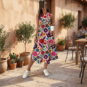 Nouvelle Collection Été Vintage : Jupe Longue Imprimée Florale, Coupe Trapèze, 100% Polyester, Col Rond, Idéale pour les Vacances - Product Image 2
