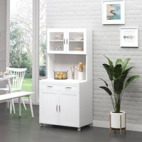 Meuble de rangement moderne en bois pour cuisine, avec portes vitrées et tiroirs, blanc, autoportant, étagères réglables, pour salle à manger