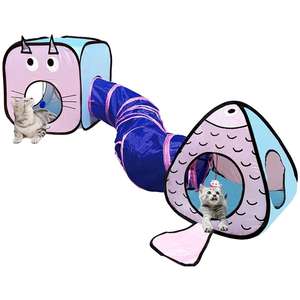 屋内キューブテントおもちゃコンボ用ZYZPET猫トンネル、子犬付きクリンクルペーパー折りたたみ式インタラクティブペット (3 in 1セット) 、青 - Product Image 1