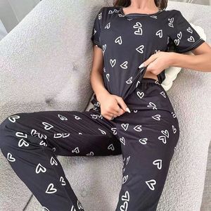 Conjunto de Pijama de 2 Piezas para Mujer, Estampado Floral, Manga Corta, Pantalones, Estilo Coreano, Suave, de Seda de Leche, Ropa de Dormir Informal - Product Image 5