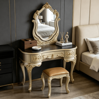 Ensemble de coiffeuse sculptée en or champagne, table de maquillage antique pour villa, chambre d'hôtes, projet hôtelier, vente en gros sur mesure