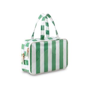 Sac cosmétique en PVC rayé vert et blanc, capacité moyenne, fermeture à glissière, poignée souple, style moderne, résistant à l'eau - Product Image 1