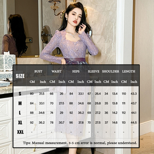 Zyht 20823 màu tím ren hoa sóng HEM chia váy sáng bóng vải eo thon xù Dài đến đầu gối - Product Image 5