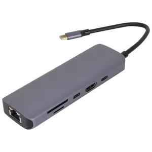 محطة منافذ متعددة 9 في 1 نوع C عالية الجودة مع وصلة HDMI USB3.0 RJ45 SD TF USB-C PD محول شحن 9 منافذ USB C محور