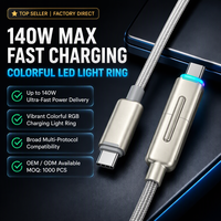 Kabel Pengisian Daya 2 in 1 C ke C, 140W, Lampu Warna-warni, Kecepatan Tinggi, Dapat Disesuaikan, OEM ODM Pabrik