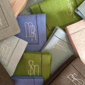 Hand Embroidery French Natural <b>Linen</b> Napkins Wedding Embroidered Napkins Hemstitch <b>Linen</b> Cocktail Napkins - Product Image 2
