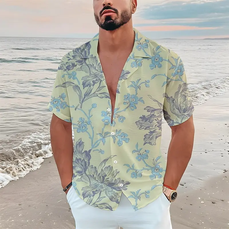 Camisa masculina de verão com estampa digital 3D de manga curta com estampa de flores e folhas camisa de lapela