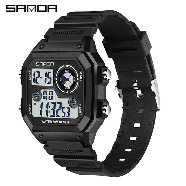 SANDA 418 Multifunctional Outdoor Sports Digital Watch Square Thin Luminous Waterproof Student Electronic Wrist Watch
