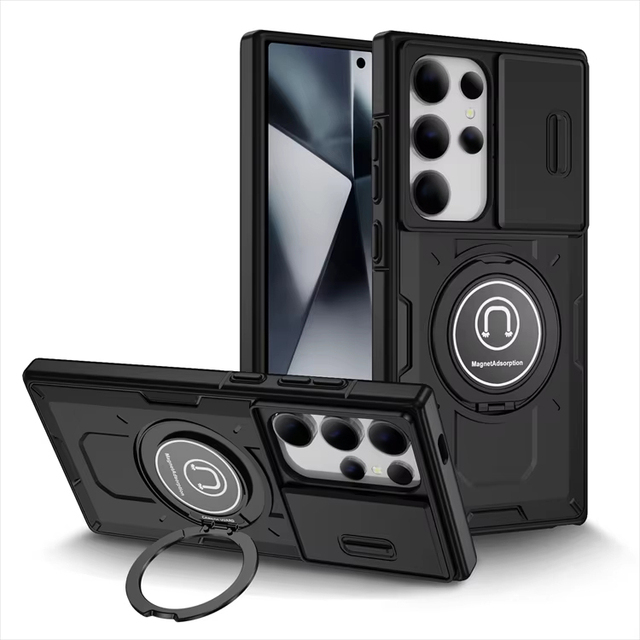For Samsung S24 Ultra Car Magnetic Ring Stand Holder Phone Case for Galaxy S25 S23 S22 Plus S21 FE Slide Camera Armor Back Cover