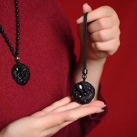 Collier Pendentif Pixiu en Obsidienne Naturelle Unisexe, Attire la Richesse et Équilibre la Fortune, Protection, Chaîne en Bambou, Minimaliste