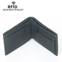 Dompet Koin Pendek Kulit Sapi Lapis Atas dengan Ritsleting RFID Multi-Kartu untuk Pria, Desain Rusia, Lapisan Dalam Poliester