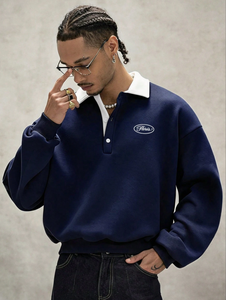 Felpa Casual da <span class=keywords><strong>Uomo</strong></span> con Stampa Lettering, Collo a <span class=keywords><strong>Polo</strong></span> e Maniche Lunghe - Product Image 1