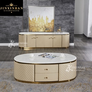 Living Room Furniture Stainless Steel Frame <strong>Marble</strong> Top Beige Centre <strong>Table</strong> Luxury Modern <strong>White</strong> Leather Cover Oval Coffee <strong>Table</strong> - Product Image 2
