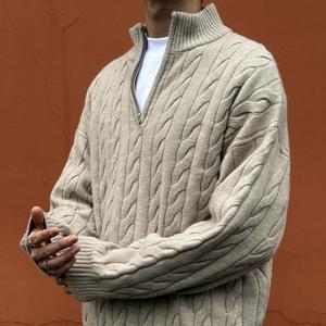 Suéter Masculino de Outono e Inverno com Zíper, Estilo Retrô Americano, em Tricô Trançado, para Casais, em Mistura de Poliéster/Algodão - Product Image 1