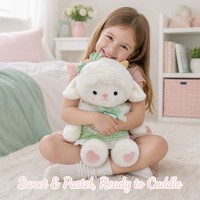 Adorable peluche agneau blanc avec robe à carreaux et col en dentelle, jouet en peluche mouton doux et kawaii pour cadeau Cottagecore