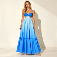 Robe longue maxi bleue ombrée pour femme, bretelles spaghetti, découpes, sans manches, à volants, élégante pour soirée, personnalisable OEM ODM