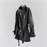 Manteau en cuir d'agneau pour femme, style motard, long, imperméable, doux, à double boutonnage, col mandarin, ceinture réglable, manchette à sangle, style urbain