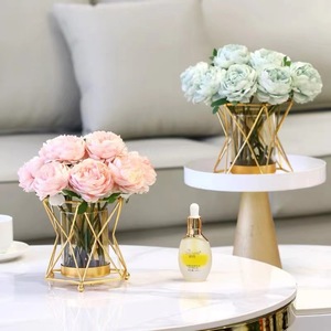 Bouquet de fleurs artificielles en soie, pivoines roses, ensemble de vase pour la décoration de table de salon - Product Image 2