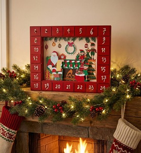 Calendrier de l'Avent en <span class=keywords><strong>bois</strong></span> rouge avec scène du Père Noël et des elfes, boîte de compte à rebours de 24 jours, cadeau surprise de Noël réutilisable, décoration de la maison - Product Image 2