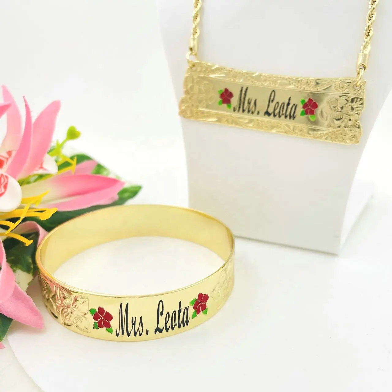 JX216 Customize name jewelry set Personalized enamel flower necklace chain pendant bangle bracelet Anniversary birthday kid gift