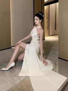 Vestido Maxi de Satén Blanco con Cuello Halter para Mujer, sin Espalda y con Abertura, para Fiesta y Noche, Venta al por Mayor, Proveedor de <span class=keywords><strong>Boutique</strong></span> - Product Image 4