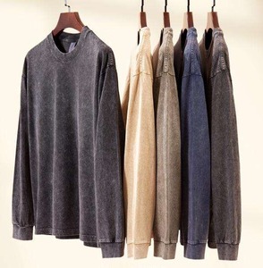 Custom Logo Vintage Acid Washed <b>Long</b> Sleeve T Shirt Men Distressed Heavyweight Cotton Blank Oversized <b>Tshirt</b> 100% Cotton for Men - Product Image 1