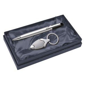 Set Ballpoint Pen And <b>Key</b> <b>Chain</b> Matt Finish Gift Set Silver <b>Metal</b> - Product Image 1
