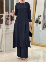 Ensemble Abaya Musulman Élégant et Modeste : Tunique à Fente Latérale + Pantalon Large (2 Pièces) Abaya Couleur Unie avec Pantalon Palazzo Fluide