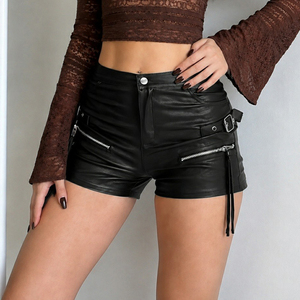 Women's Hot <b>High</b> <b>Waist</b> <b>Black</b> PU <b>Leather</b> 220g Woven <b>Shorts</b> Summer Clubwear Punk Motorcycle Biker with Zipper Pockets PU Coated - Product Image 1