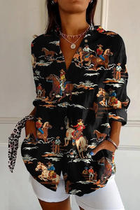 Camisa Retro Occidental de <span class=keywords><strong>Manga</strong></span> Larga con Botones para Mujer, Estilo Vintage con Estampado de <span class=keywords><strong>Caballos</strong></span> y Cactus, Transpirable, Informal, para Verano e Invierno - Product Image 3