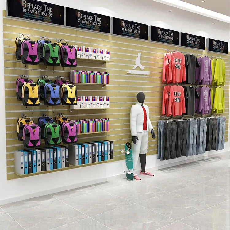 Scaffali multifunzionali a doghe per negozio al dettaglio scarpe chitarra giocattoli pallacanestro accessori per auto tabellone