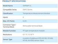 Módulo de Entrada de Temperatura PT100 de 6 Canales para PLC Serie DVP-S Delta DVP06PT-S