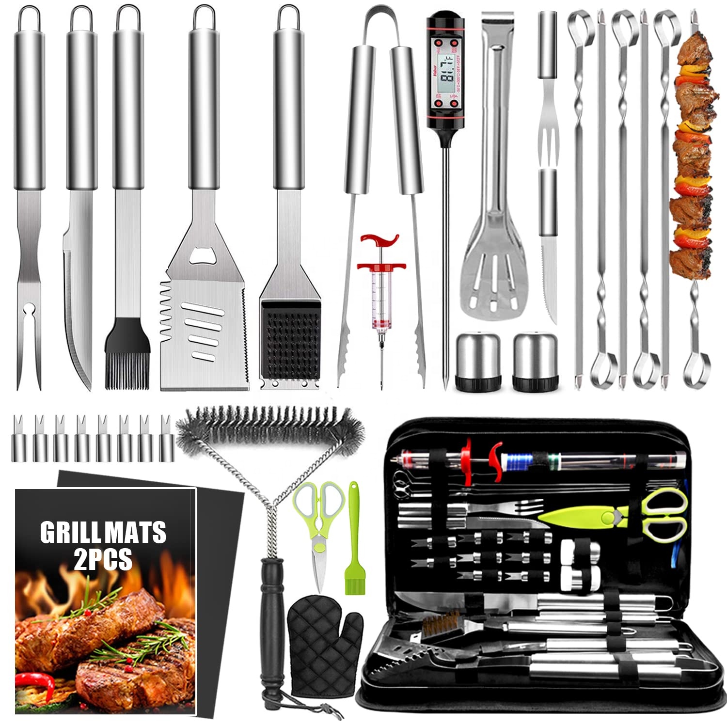 Vente en gros 34 pièces accessoires de gril 16 pouces accessoires de barbecue robustes outils de gril en acier inoxydable