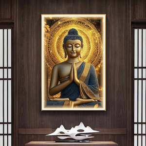 आधुनिक गोल्डन बुधा चित्र विलासिता हीरा मंदिर पृष्ठभूमि दीवार सजावट गर्म चमकदार एलईडी प्रकाश मुद्रित कागज समकालीन - Product Image 3