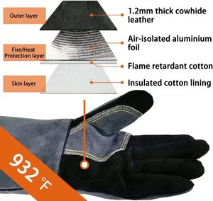 Gants de travail pour barbecue et soudure, résistants à la chaleur, en cuir de vachette pleine fleur, 14 pouces, certifiés EN407 CE, doublés coton - Product Image 4