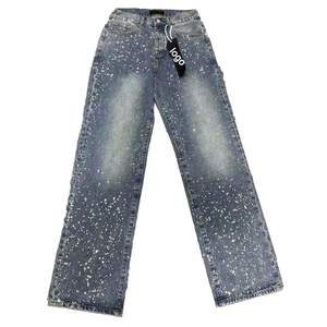 Jeans de Diseño para Hombre, Estilo Vintage Lavado con Diamantes Retro, Corte Holgado, Dobladillo sin Rematar y Diseño Completo con Pedrería, Estilo Urbano - Product Image 2