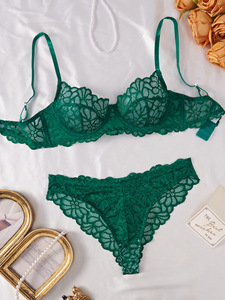 Conjunto de lencería de encaje semitransparente con aros para mujer, sujetador y tanga, elegante, 2 piezas, OEM ODM, venta al por mayor - Product Image 1