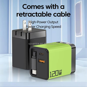 Chargeur USB Type-C GaN 120W avec prise EU US UK, charge rapide 120W USB-C PD, chargeur mural avec câble Type C rétractable intégré - Product Image 2