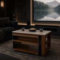 Mesa de Centro Multifuncional com Tampo Elevatório, Madeira Maciça, Tampo com Aparência de Pedra, Gaveta de Armazenamento, Altura Ajustável, Atacado