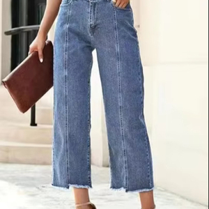 2025 nuevos pantalones vaqueros personalizados para mujer, pantalones vaqueros de cintura alta de pierna ancha y pierna recta de siete cuartos - Product Image 1