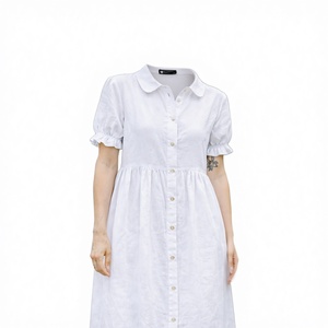 Vestido Casual de Verano para Mujer, Ecológico, Holgado, Personalizado, de Manga Corta, Hasta la Rodilla, de Lino, con Cuello Camisero - Product Image 1