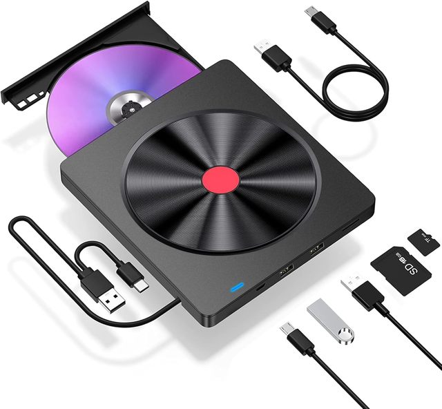 7 in 1 External Blu-ray Drive, USB 3.0 Type-C Slim Optical Bluray DVD Burner with SD/TF Card Reader 2 USB 3.0 Hubs Compatible