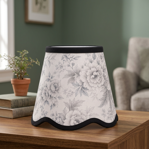 Premium Cotton Floral <b>Lampshade</b> | Vintage <b>Grey</b> & White Botanical Printed Fabric Shade with Scalloped Edge & Black Contrast Trim - Product Image 1